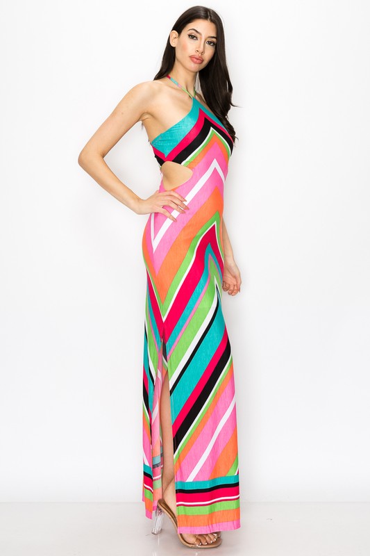 V Rainbow Side Cut Out Halter Maxi Dress Mila Boutique V Rainbow Side Cut Out Halter Maxi Dress Mila Boutique