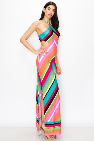 V Rainbow Side Cut Out Halter Maxi Dress