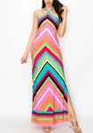 V Rainbow Side Cut Out Halter Maxi Dress