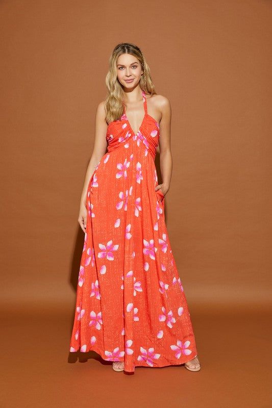 Coral Red Flower Maxi Dress