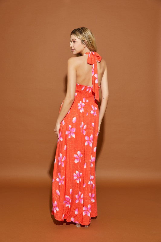 Coral Red Flower Maxi Dress