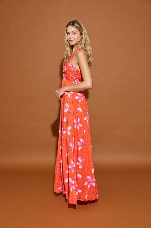 Coral Red Flower Maxi Dress