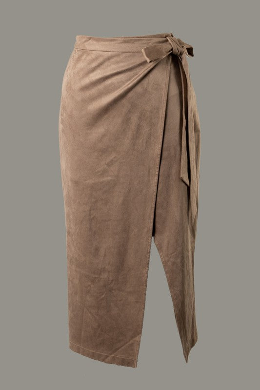 Suede wrap midi skirt