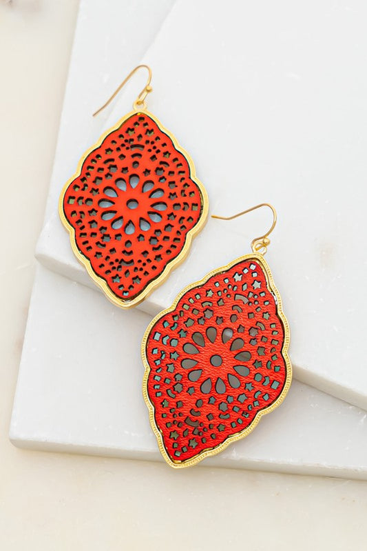 Filigree Leather Metal Frame Earrings (Pick Color)