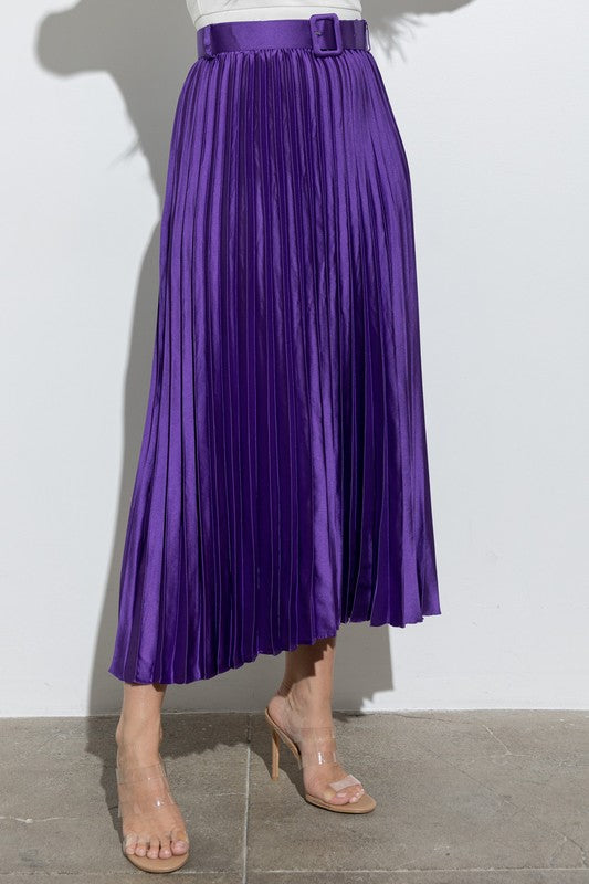 Satin Pleated Belted Skirt