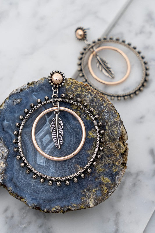 Two Tone Studded Hoop with Drop Leaf Earrings