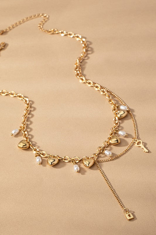 Puffy Heart And Pearl Drops Necklace (Pick Color)