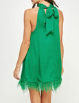 Halter Neck Feather Trim Satin Dress