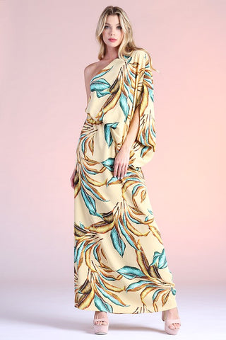 Leaf Print Slouchy One Shoulder Maxi Dress
