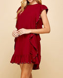 Ruffle Embellished Burgundy Dress