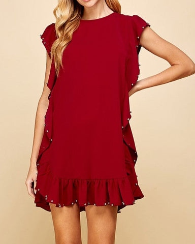 Ruffle Embellished Burgundy Dress