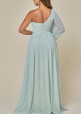 One Shoulder Chiffon Slit Formal Dress