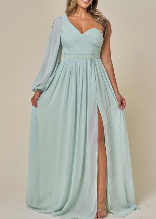 One Shoulder Chiffon Slit Formal Dress