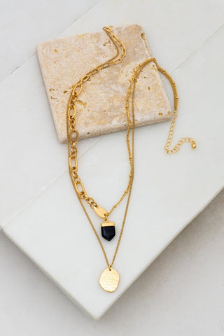 Layer Chunky Chain Black Stone and Hammered Pendant Necklace
