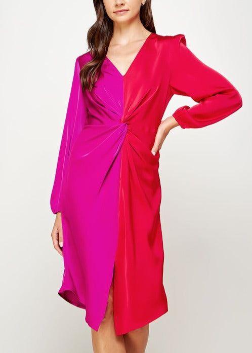 Front Twisted Detail Color Block Satin Dress