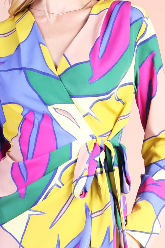Multi Print Long Sleeve Tulip Wrap Dress