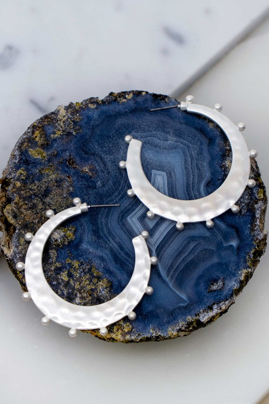 Hammered  Studded Crescent Hoop Earrings