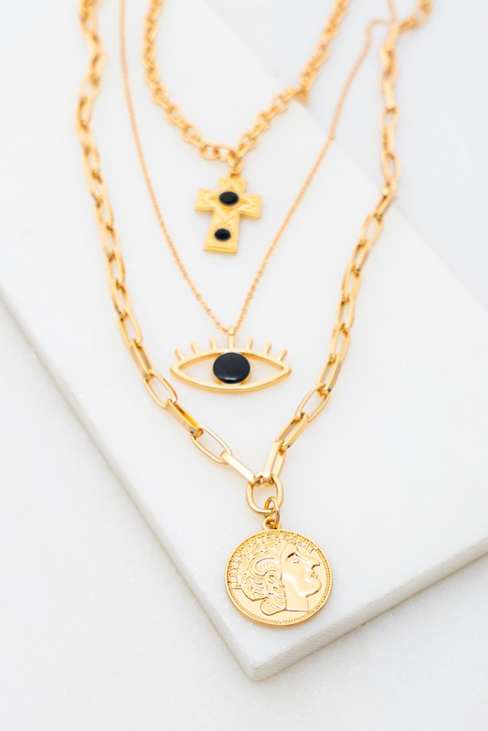 Trio Necklace Coin, Eye / Cross Chain Necklace Set