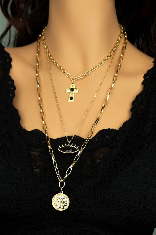 Trio Necklace Coin, Eye / Cross Chain Necklace Set