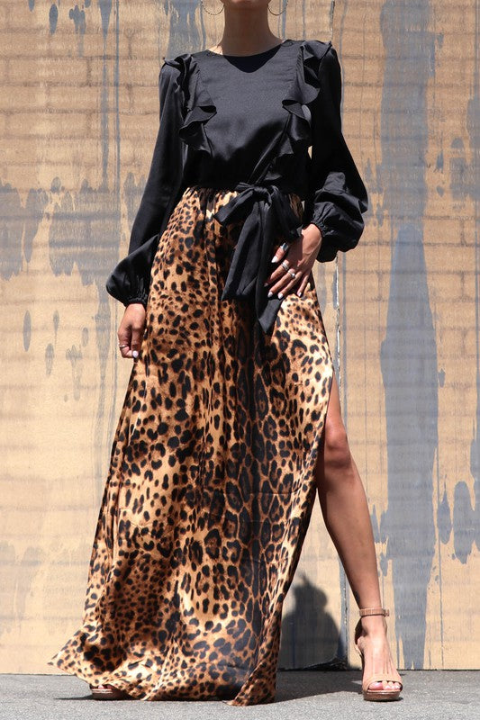 Long Puff Sleeve Leopard Satin Dress