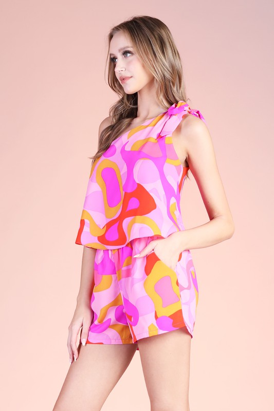 Abstract Print One Tie Shoulder Romper