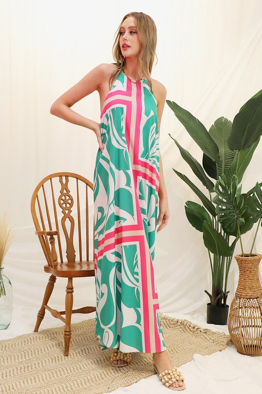 Sicilia Print Halter Maxi Dress