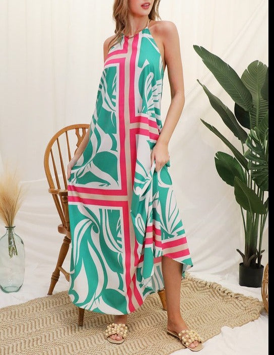 Sicilia Print Halter Maxi Dress