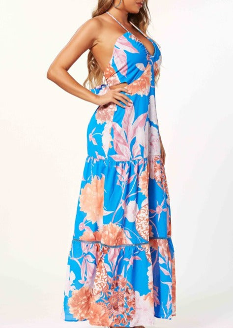 Tropical Print U Neck Maxi Dress