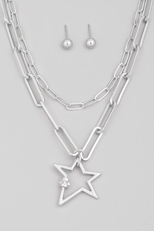 Layered Chain Link Star Pendant Necklace Set