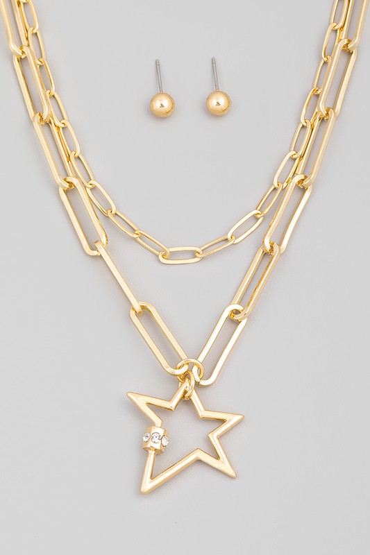Layered Chain Link Star Pendant Necklace Set