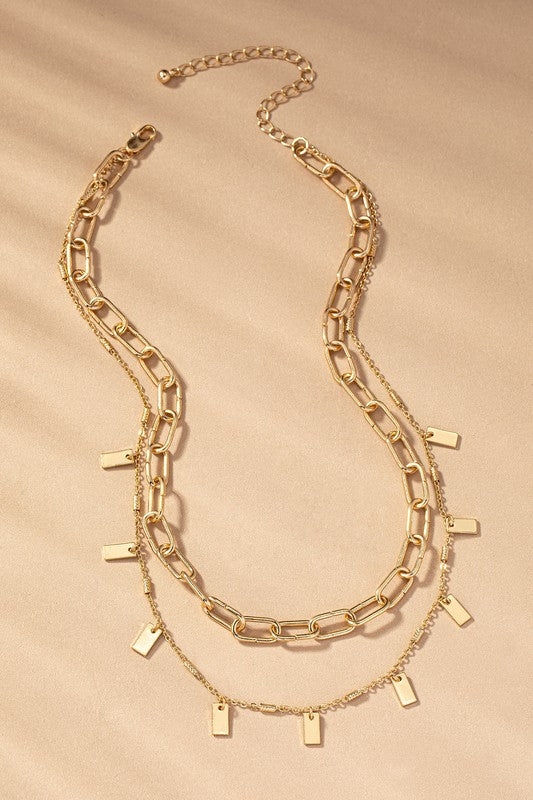 Two Row Chunky Chain Rectangular Drops Necklace