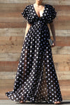 V Neck Ruffled Polka Dot Maxi Dress