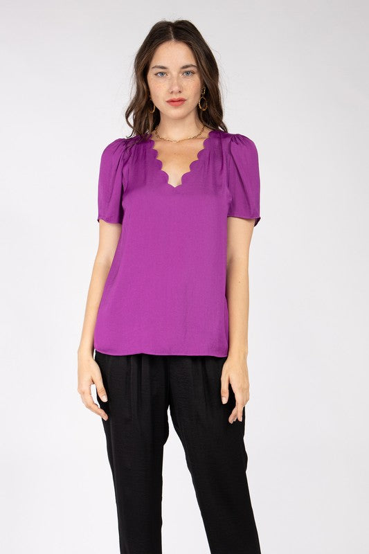 Scalloped Short Puff Sleeve Top (Pick Color)