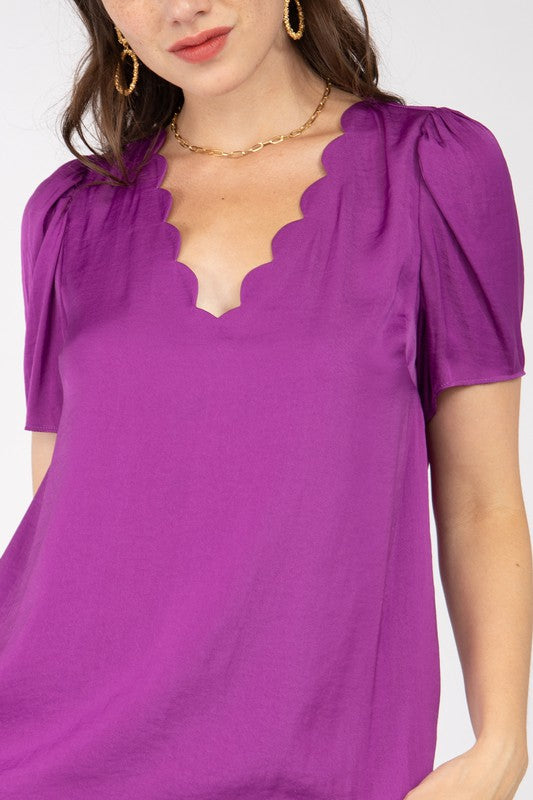 Scalloped Short Puff Sleeve Top (Pick Color)