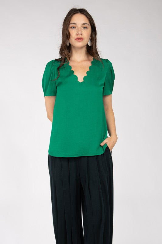 Scalloped Short Puff Sleeve Top (Pick Color)
