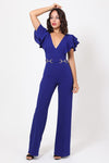 Layered Ruffle Shoulder Jumpsuit w/ Buckle Detail