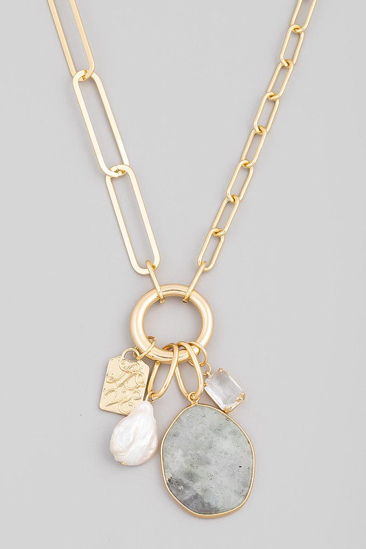 Chain Link Semi Precious Stone Charm Necklace (Pick Color)