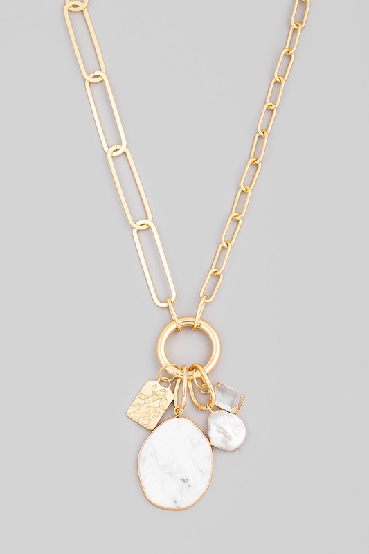 Chain Link Semi Precious Stone Charm Necklace (Pick Color)