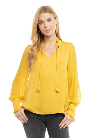 Long Sleeve Tie Neck Contrast Sleeve Blouse