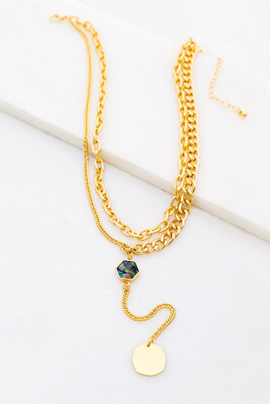 Hexagon Charm Lariat and Chunky Chain Necklace