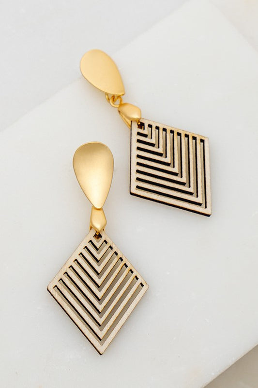 Diamond Shape Laser Cut Wood Filigree Earrings