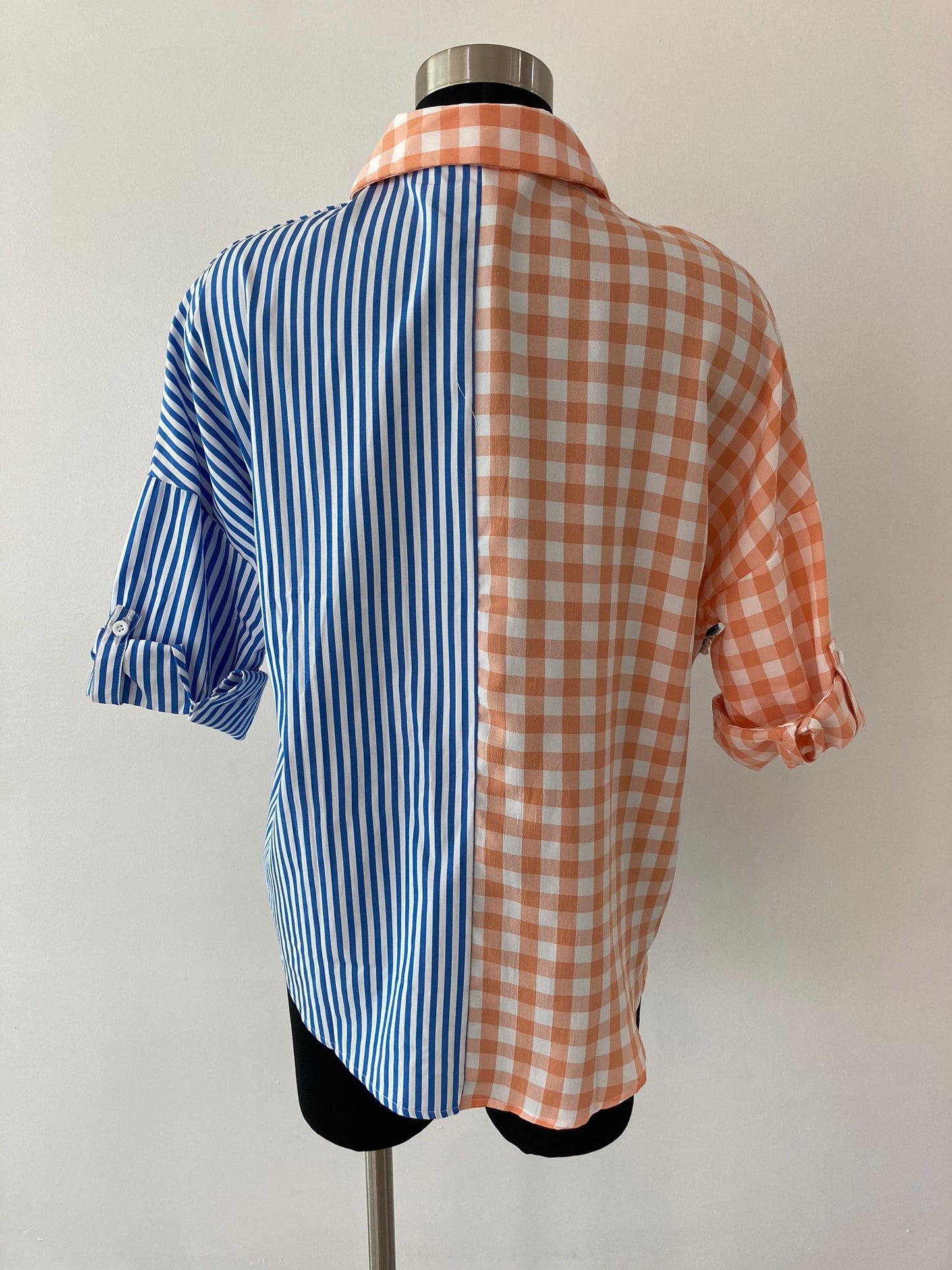 Plaid and Stripe Two Tone Shirt Top