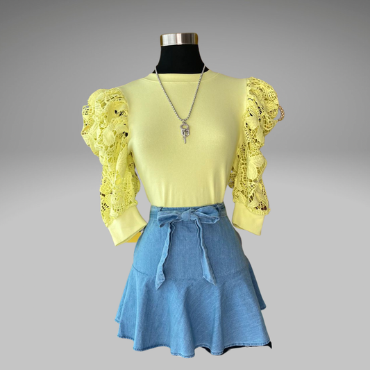 Lemon Lace Detail Puff Sleeve Top