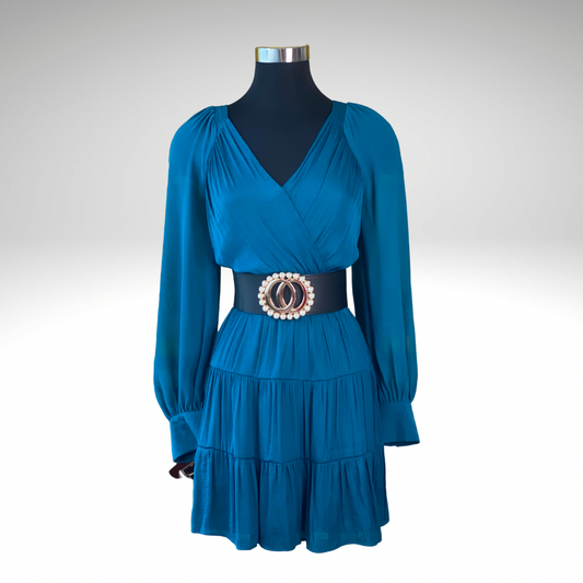 Contrast Long Sleeve Surplice Tiered Dress (Pick Color)