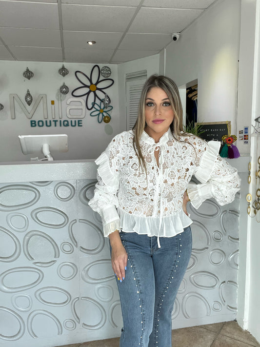 Lace Floral Button-Up Long Sleeve Top