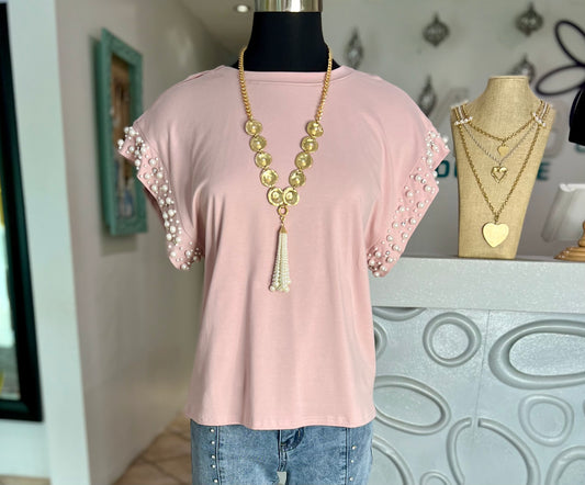Short Slv Pearl Detail Top