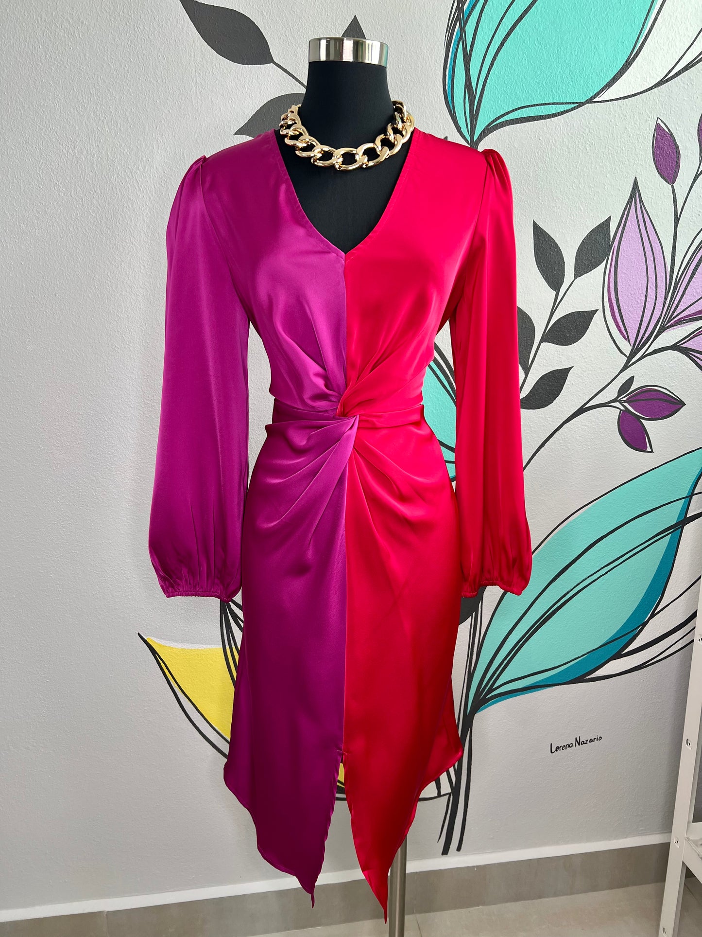 Front Twisted Detail Color Block Satin Dress