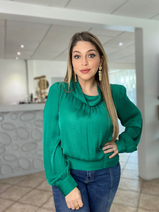 Long Sleeve Mock Neck Ruching Tie Blouse