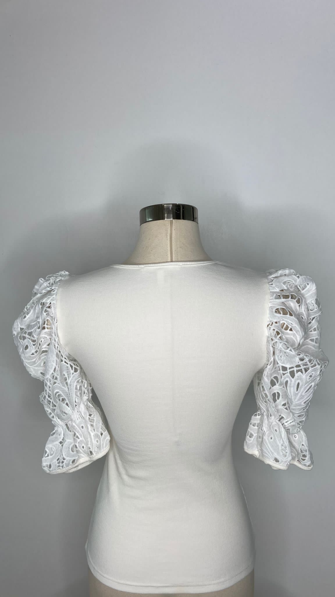 Knitted Solid Pearl Trim Top with Laced Sleeve