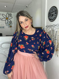 Balloon Sleeve Navy Floral Top